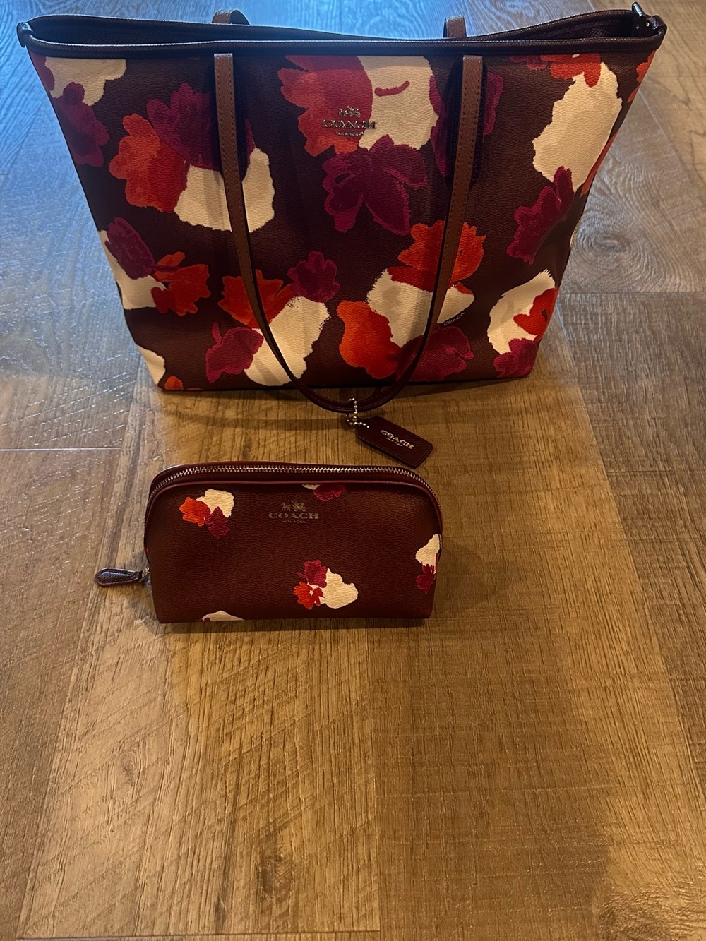 Coach Floral Tote Bag Brown Burgundy Matching Pouch Floral Print